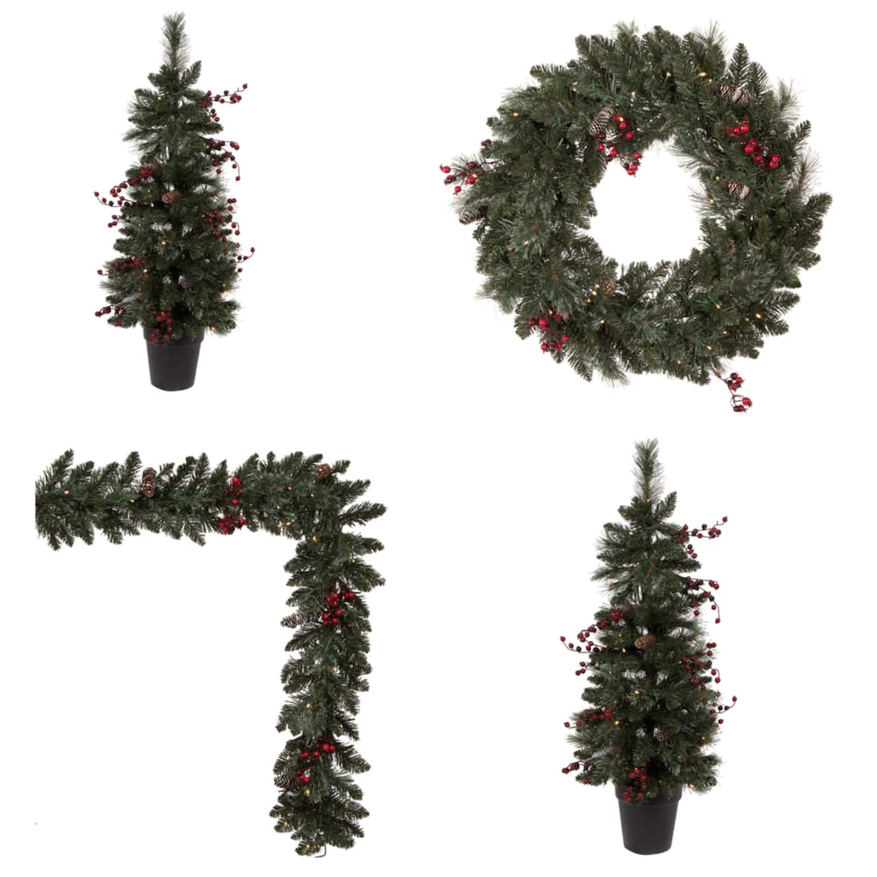 4-Piece Pre-Lit Artificial Christmas Tree, Wreath & Garland Set, Warm White LED Lights
